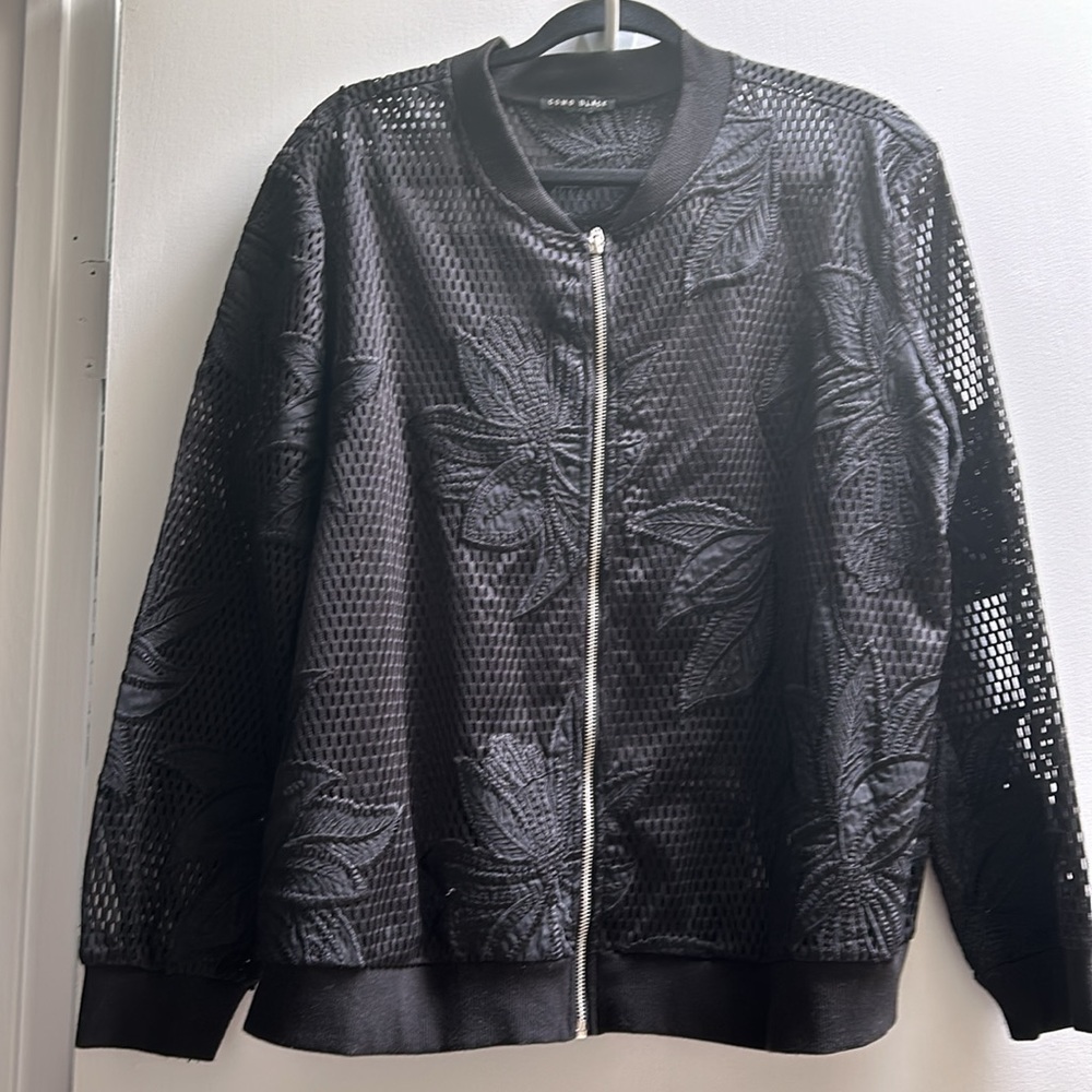 COMO BLACK Floral Mesh Zip Up Bomber Jacket